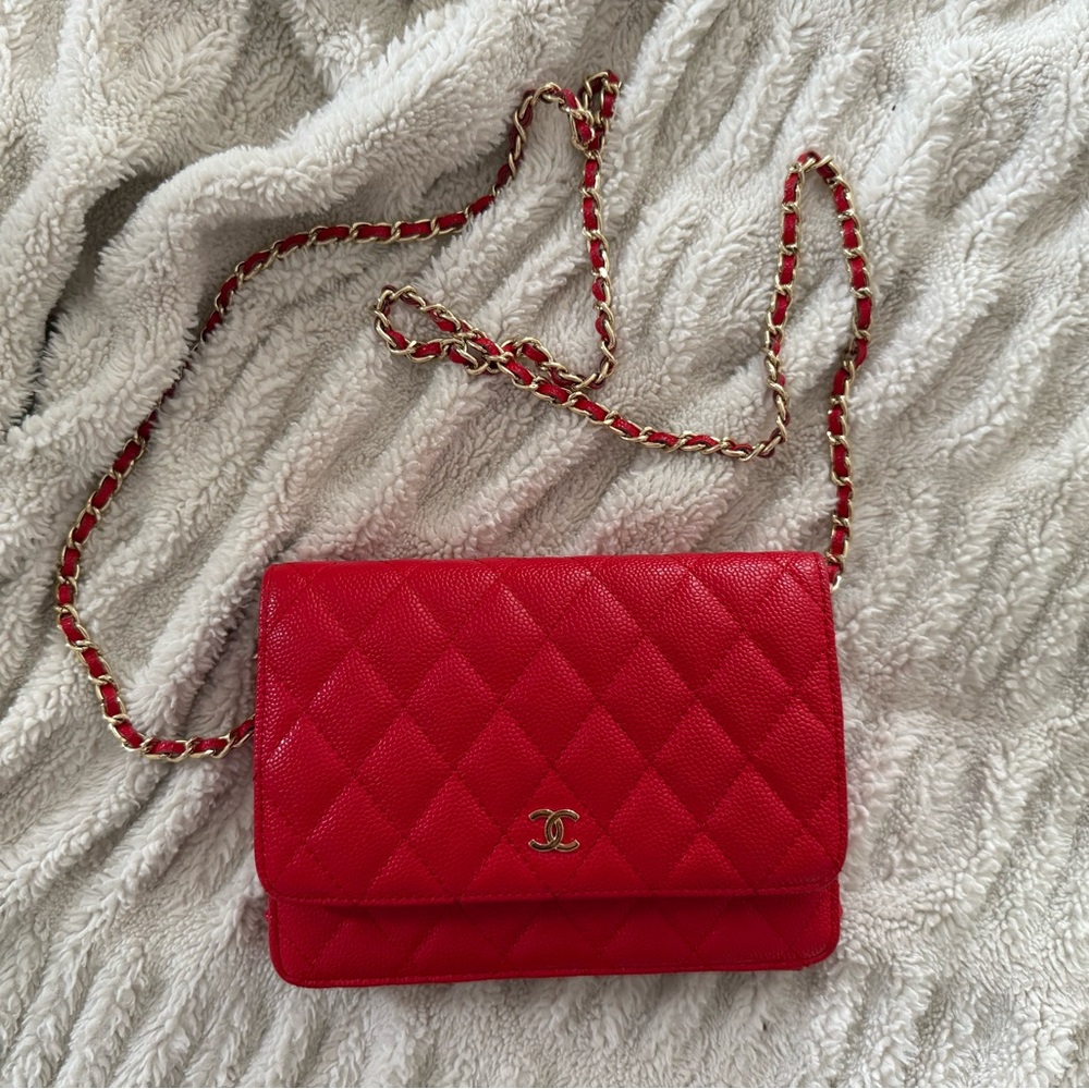 Chanel Red Quilted Leather Chain Bag- red Xavier quilted on chain / AUTHENTIC